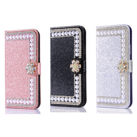 Shiny Rhinestone Pearl Card Slot Wallet Flip Leather Case For Huawei P40 P30 P20 Plus Lite P10 Mate 20 10 Pro Honor 10 Lite 8A ► Photo 1/5