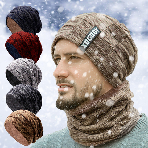 Mens Beanie Hat 2pcs Ski Cap And Scarf Winter Warm Woolly Hats Knit Ribbed Hiking Outdoor Plus Velvet Thicken Hedging Caps ► Photo 1/6