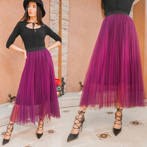 TingYiLi Pleated Tulle Skirts Womens Black Burgundy Purple Gray Green Maxi Skirt Korean Fashion Long Skirts ► Photo 1/6