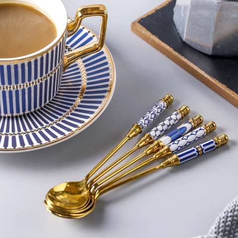 Chic Coffee Stirring Spoon Ceramic Long Handle Brilliant Ice Cream Teaspoon Gold-Plated Dessert Spoon Stainless Steel Tableware ► Photo 1/6