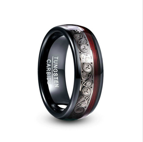 8mm Wide Plating Black Tungsten Steel Ring Inlay Triple Spiral Pattern Red Guitar String Tungsten Carbide Red Ring for Men ► Photo 1/4