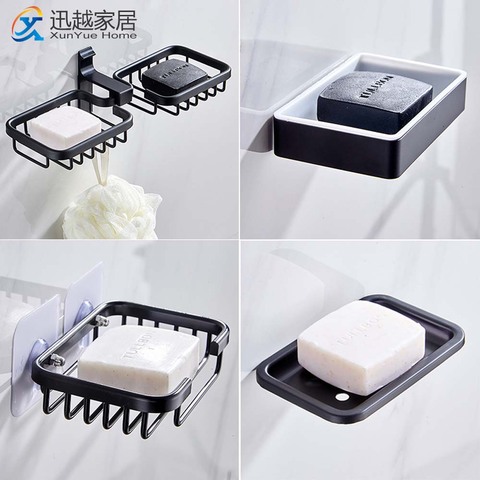 Aluminum Soap Dish Holder Black Wall-Mounted Drain Hollow Strong Suction Soap Box for Kitchen Bathroom Accessories ► Photo 1/6