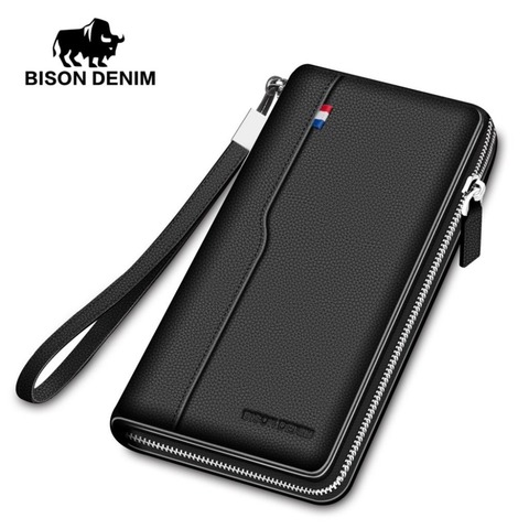 BISON DENIM fashion brand men wallets genuine leather long zipper purse large capacity credit card holder wallet ► Photo 1/6