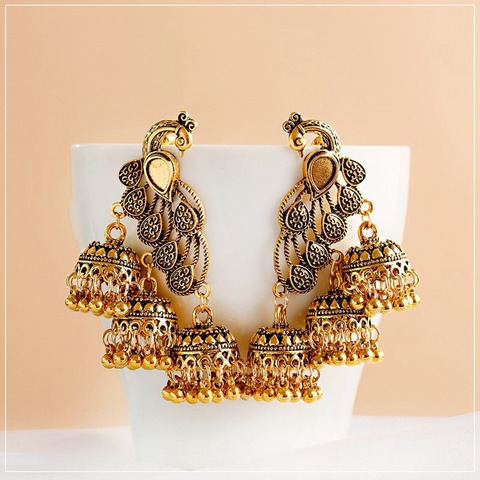 Retro Bollywood Oxidized Gypsy Jewelry Women Ethnic Gold Afghan Birdcage Long Chain Tassel Peacock Carved Jhumka Indian Earrings ► Photo 1/6