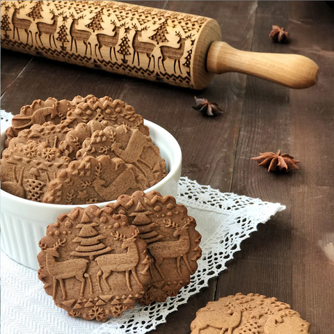 Christmas Rolling Pin Engraved Elk Snowflakes Wooden Rolling Pin Embossed Baking Cookies Biscuit Fondant Cake Dough Patterned ► Photo 1/6