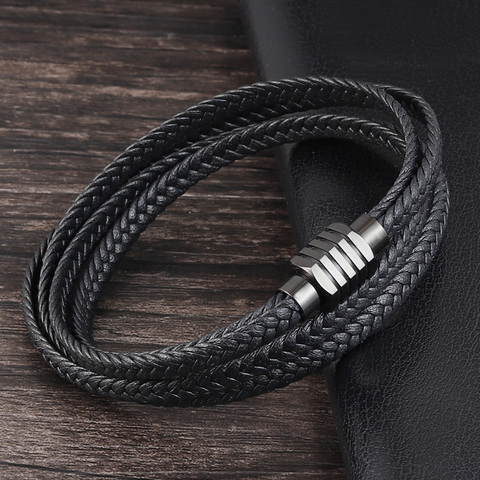 Fashion Black Genuine Leather Bracelet Black Stainless Steel Clasp Multi Layer Braid Rope Chain Wristband Vintage Gifts ► Photo 1/5