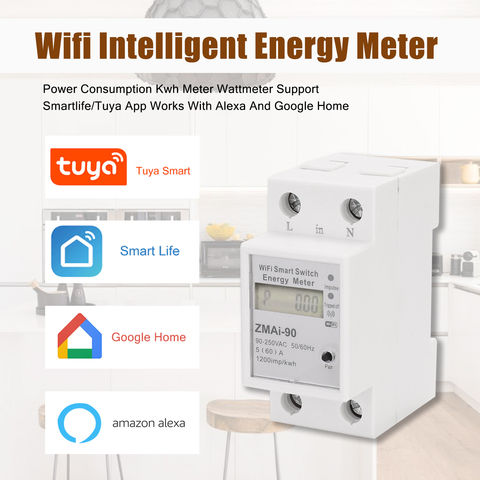 Wifi Intelligent Energy Meter Single Phase Din Rail Power Consumption Kwh Meter Wattmeter Works With Alexa And Google Home ► Photo 1/6