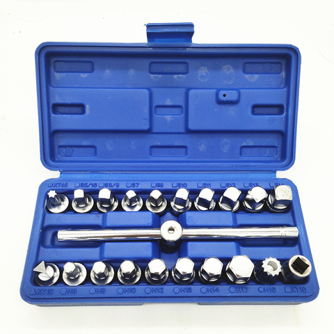 21PCS Oil Drain Pipe Plug Socket Set Oil Pan Screw Sleeve Wrench 3/8-Inch drive Sliding T-bar Removal Kit ► Photo 1/6