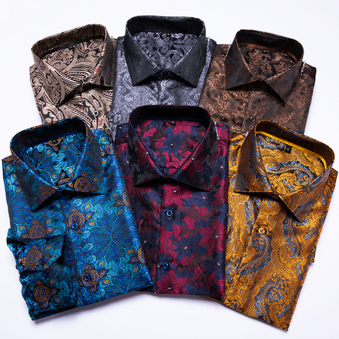 Hi-Tie Blue Men's Shirts Paisley Floral Silk Gold Long Sleeve Casual Shirts For Men Jacquard Male Business Party Wedding Dress ► Photo 1/6