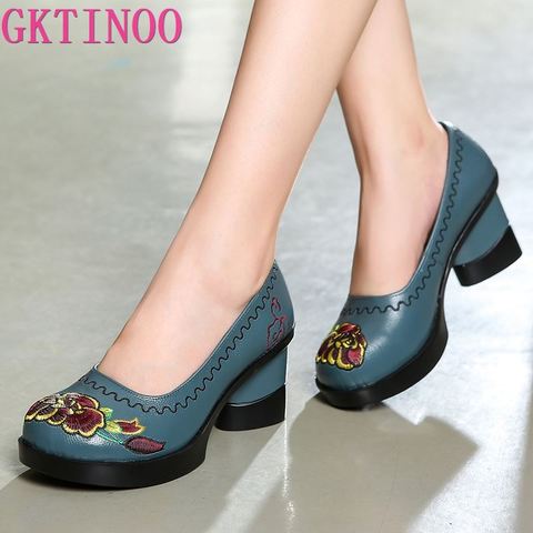 GKTINOO Spring Women Pumps Retro Embroider Lady 7.5CM High Heels Slip On Platform Pumps Handmade Women Genuine Leather Shoes ► Photo 1/6