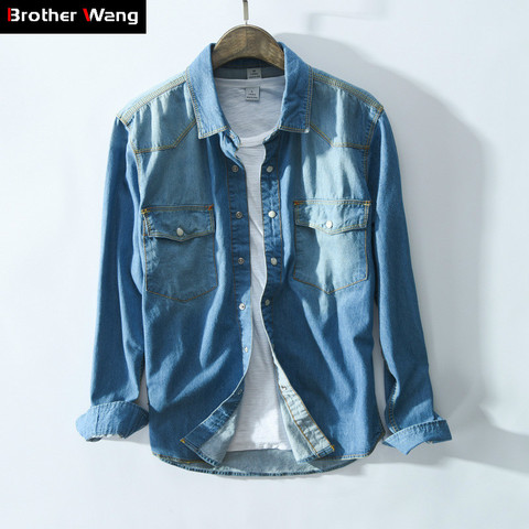 2022 Autumn New Men's Long-sleeved Denim Shirt Fashion Casual Blue Slim Fit Cotton Jeans Shirt Male Brand Clothes ► Photo 1/6