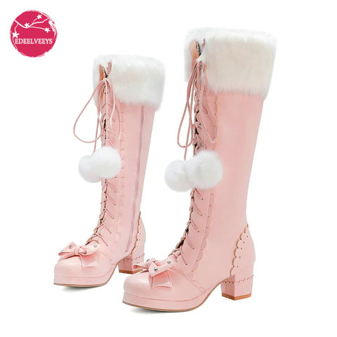 Lolita High Boots Winter Warm Fur Neck Girls Cosplay Party JK Princess Shoes Lace Up Bowtie Chunky Heel Side Zipper PU Leather ► Photo 1/6