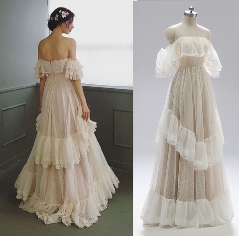 Off Shoulder Polka Dots Wedding Dress Vintage Victorian Style Lace Lady A Line Cold Shoulder Bridal Gown Custom Made Cheap #1041 ► Photo 1/6