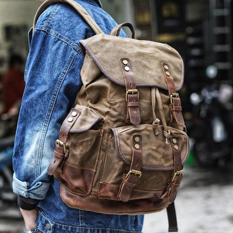 Retro distressed wax canvas with cowhide backpack backpack notebook bag men and women commuting outdoor mountaineering bag ► Photo 1/6