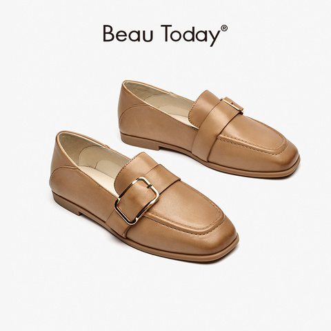 BeauToday Leather Loafers Women Sheepskin Slip-on Metal Buckles Decoration Square Toe Flats Ladies Office Shoes Handmade 27473 ► Photo 1/6