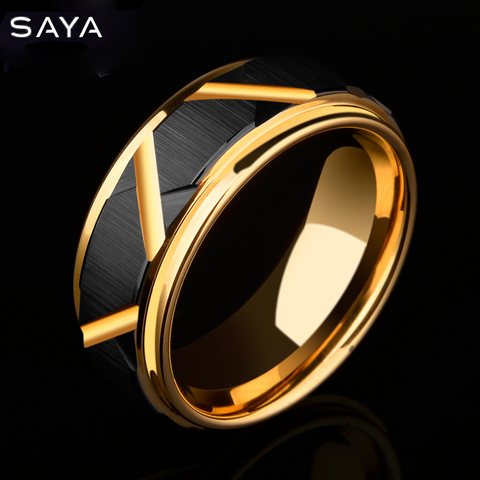 Tungsten Carbide Wedding Ring Black Faceted Design Men Band Gold Plating Inside Comfort Fit, Free Shipping, Engraving ► Photo 1/6