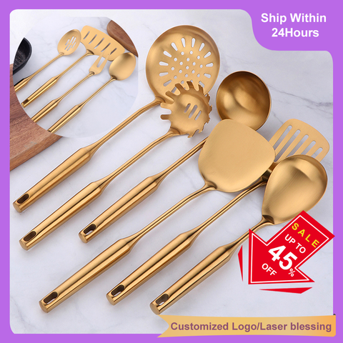 1/7/10 Pcs Golden Stainless Steel Cooking tools Shovels Turner Ladle Spoon Colander Filter Kitchen Utensils household Restaurant ► Photo 1/6