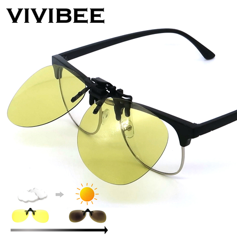 VIVIBEE Night Vision Flip up Clip on Sunglasses Photochromic Men Yellow Color Changing Pilot Lens Driving Myopia Glasses Clips ► Photo 1/6