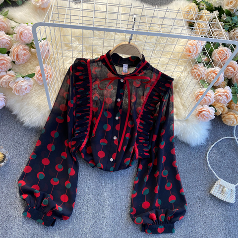 2022 Spring Chiffon Blouse Female Pleated Wood Ear Slim Puff Sleeve Stand Collar Blusa Color Matching Polka Dot Shirt C433 ► Photo 1/1