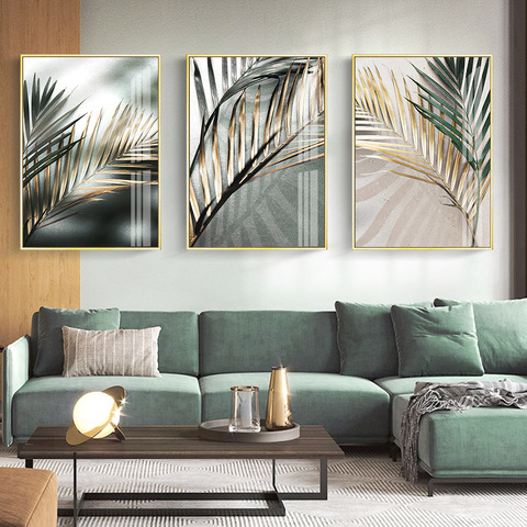 Contemporary Tropical Green and Golden Palm Leaves Canvas Painting Wall Art Prints Poster Living Room Home Interior Decor ► Photo 1/6
