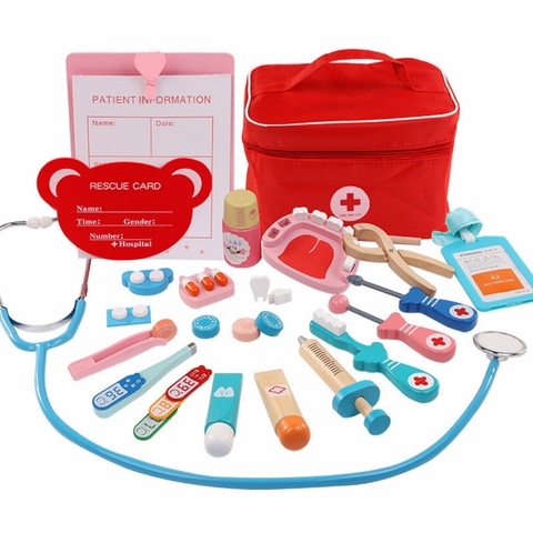 Buy Online Toys For Children Girl Boy Kids Pretend Play Wood Doctor Toys Kit Dentist Medicine Box Sets Red Medical Cloth Bag Packing Games Alitools