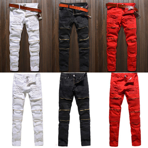 Men Skinny Stretch Denim Ripped Pants Distressed Ripped Freyed Slim Fit Jeans Destroyed Ripped Jeans Black White Red Jeans ► Photo 1/6