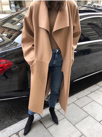 New Women Woolen Long Coat Winter Side Slit Big Turn-down Collar Warm Jacket Camel Black Grey Color Mid-Length Outwear Tops ► Photo 1/6