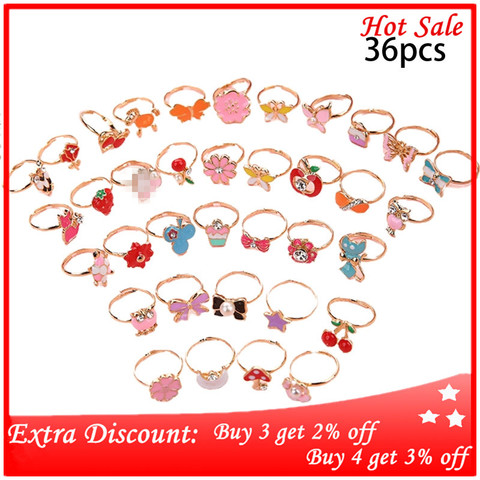 36 Pcs/set Cartoon Children Rings Flower Animal Adjustable Alloy Kids Ring ► Photo 1/6