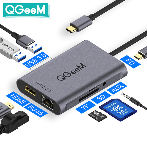 QGeeM 8 In 1 USB C Hub for Macbook Pro USB Hub 3.0 Adapter PD HDMI RJ45 TF SD 3.5mm Aux Type C Hub for iPad Pro Splitter Dock ► Photo 1/6