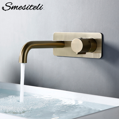 Smesiteli Bathroom Vanity Sink Faucet With Cover Plate Hot And Cold Wall-Mount Mixer Tap In Brushed Gold Taps With Knob ► Photo 1/6