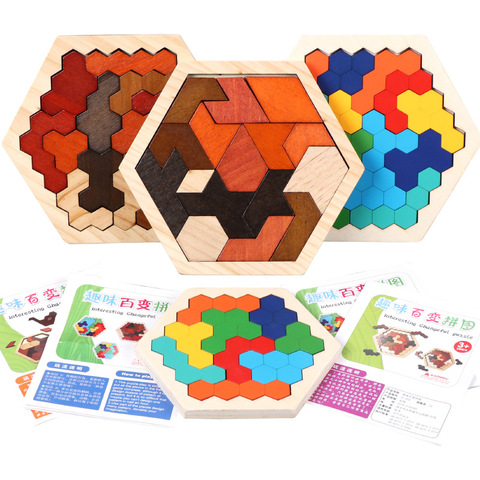 Kids Puzzle Toy Wooden Hexagon Honeycomb Colorful Shapes Jigsaw Puzzles Clever Board Toys for Children Adults IQ Hexagon Puzzle ► Photo 1/6