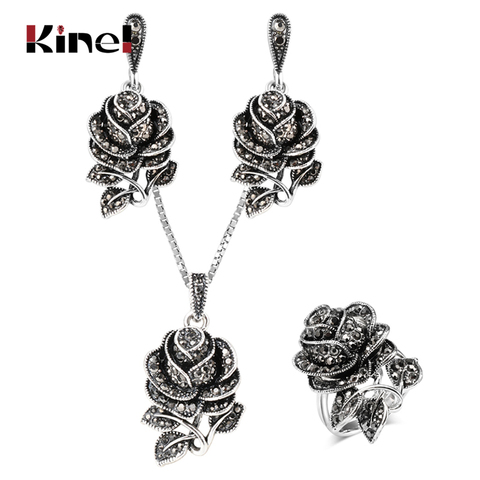 Kinel Fashion Silver Color Vintage Wedding  Jewellery Set Black Crystal Rose Flower Ring Jewelry Sets For Women Party Gift ► Photo 1/6