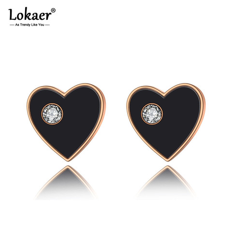 Lokaer Trendy Stainless Steel Black Acrylic Heart Wedding Earrings For Women Rose Gold CZ Crystal Stud Earrings Jewelry E19252 ► Photo 1/5