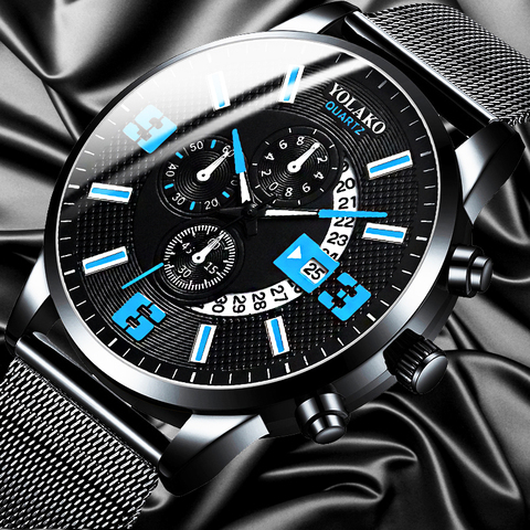 2022 Watches Mens Fashion Calendar Watch Men Business Stainless Steel Mesh Belt Quartz Wrist Watch Male Clock relogio masculino ► Photo 1/6