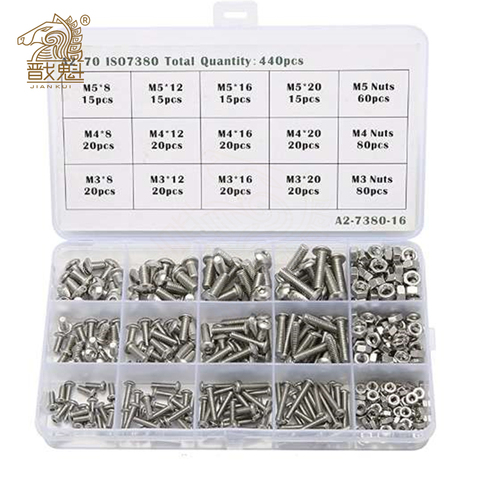 440pcs Bolts and Nuts Set M3 M4 M5 Stainless Steel Hex Socket Button Head Cap Screws Bolts Nuts Assortment Kit Screw ► Photo 1/5