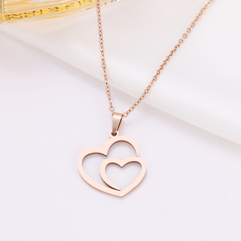 CACANA Stainless Steel Necklace For Women Man Hollow Double Heart Rose Gold Choker Pendant Necklace Engagement Jewelry ► Photo 1/6