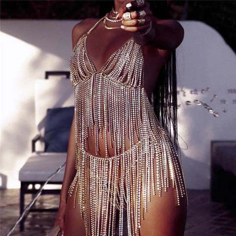 Fashion sexy tassel Rhinestone body chain skirt chain sling women's shiny crystal underwear jewelry Bikini Bra waist chain ► Photo 1/6