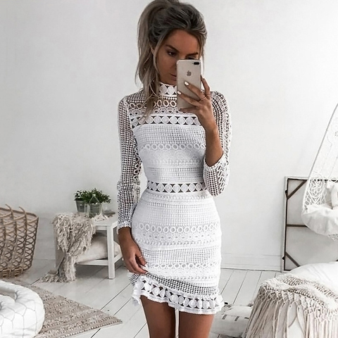 Women Dress Sexy White Lace Stitching Hollow Out Party Dresses Elegant  Short Mini Summer Spring Long Sleeve Clothes Vestidos ► Photo 1/6