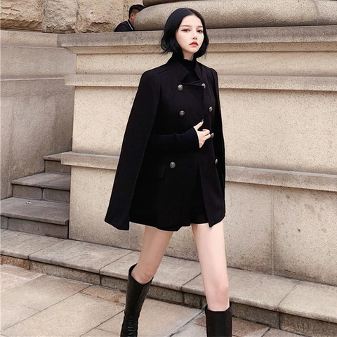 2022 Autumn And Winter Cloak Coat Women Bat Type British Ladies Black Retro Slim ► Photo 1/6