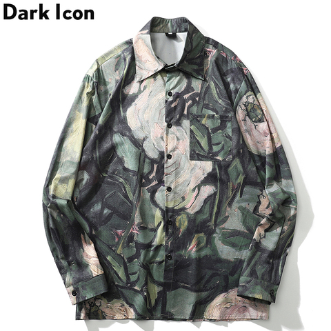 Dark Icon Flower Oil Painting Green Shirt 2022 New Arrival Loose Thin Men's Shirts Long Sleeve Blouse ► Photo 1/6