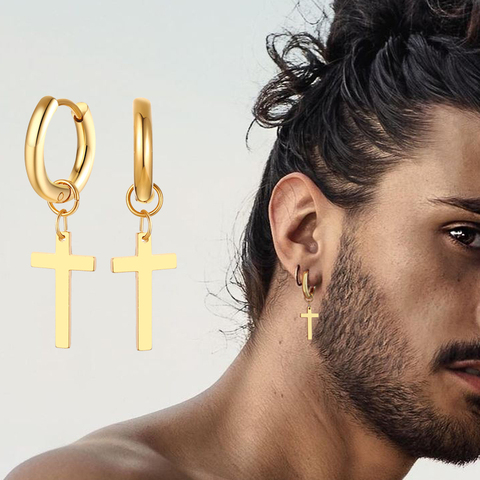 Dainty Minimalist Gold Color Dangling Cross Shaped Charm Huggie Pierced Hoop Earrings For Guy Men Women Jewelry ► Photo 1/6
