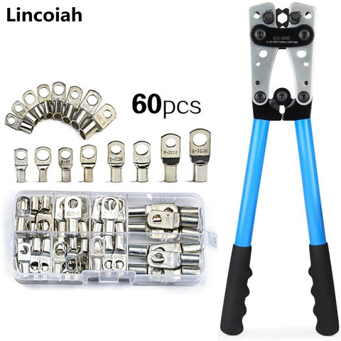 60pcs Electrical Lugs Tinned Copper Bolt Hole SC Connectors Crimp Terminals with cable Crimper Crimping Ratchet Pliers HX-50B ► Photo 1/6