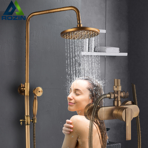 Antique Brass Shower Faucet Set Single Handle Bathroom Faucets Wall Mount Rainfall Mixer Taps with brass hand shower Bath Mixer ► Photo 1/6