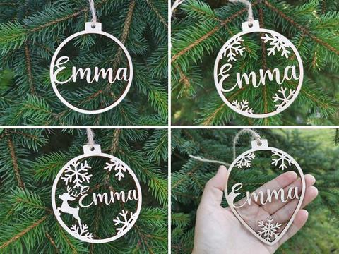 Personalized name ornaments Custom CHRISTMAS baubles set, Wooden hanging PERSONALISED gift, Laser cut snowflakes CHRISTMAS tree ► Photo 1/5