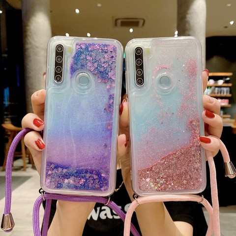 Quicksand Case For Xiaomi Redmi Note 9 8 7 Pro Max 9S 8T 8A 7A Redmi 10X 5G K20 K30 Necklace Lanyard Crossbody Glitter Cover ► Photo 1/6