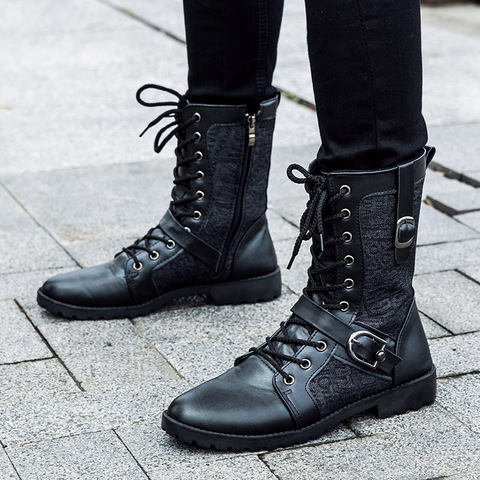 2019 Mens Leather Equestrian Military Boots Mid Calf Fashion Riding Casual Shoes