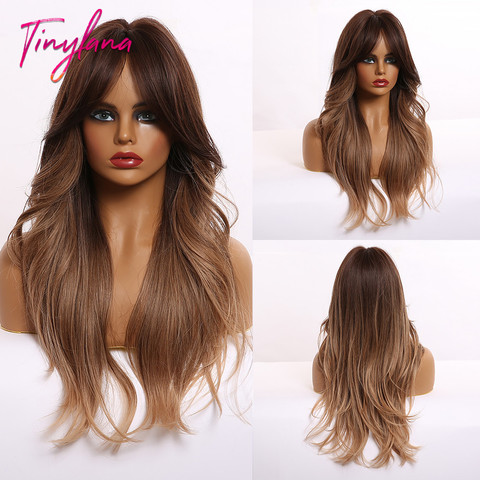 TINY LANA Middle Point Natural Wavy Synthetic Wigs with Bangs Gradient Brown to Golden with Highlight For women Heat Resistant ► Photo 1/6