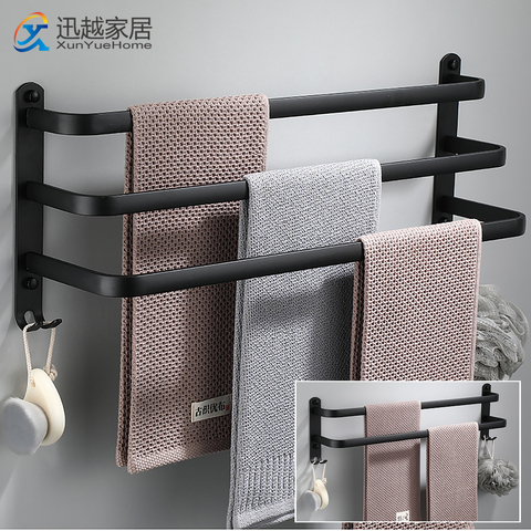 Towel Rack Punch-Free Shower Bar Wall Holder Bathroom Accessories Organizer Hook Hanger Matte Black Rail  Aluminum Storage Shelf ► Photo 1/6