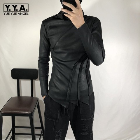 Winter New Men Irregular Thick Long Sleeve T-shirt Personality Turtleneck Slim Fit Tops Street Warm Punk Black T-shirt S-2XL ► Photo 1/6