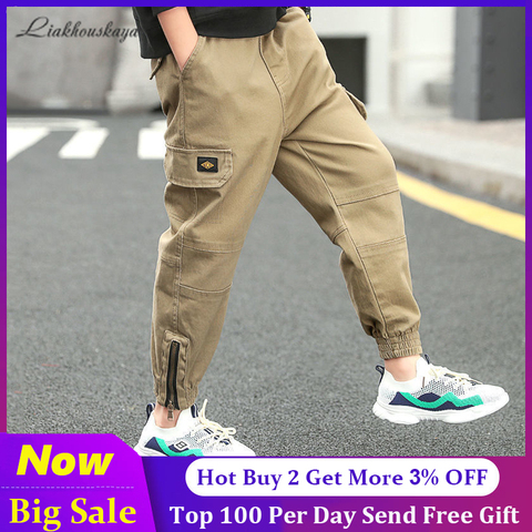 New Trend Clothing Teenage Boys Pants Cotton Cargo Pants Multi-Pocket Children Korean Sweatpants Elastic Waist Harem Kids Pants ► Photo 1/6